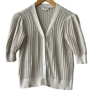 Loft Cream Knit, 3/4 Puff Sleeve, Button Front  Cardigan Sweater